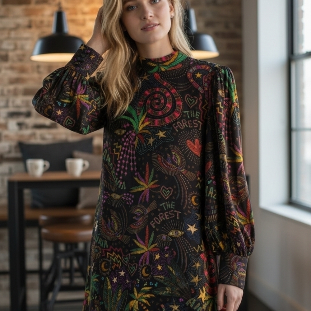 Farm Rio Amazonia Mini Dress Black Psychedelic Print | Size Small